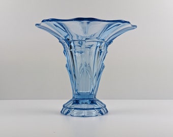 Large Blue Glass Footed Trumpet Vase, Possibly Stolzle / Hermanova Hut, 1930's 1940's Art Deco Czech Pressed Glass Tableware