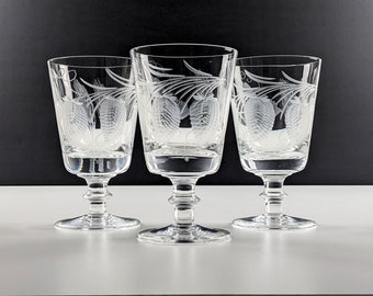 Set of Three Large Glass Rummers, Tavern Drinking Glasses, Clear With Engraved Hops and Barley, 19th Century, Antique Glass Drinkware