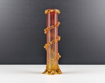 Victorian Amberina Glass Cylinder Vase With Applied Amber Glass Trail, Pincered Feet and Rim, Antique Glass