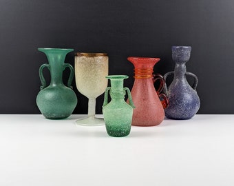 Bundle of Five Various Vintage Scavo Style Glass Pieces, 4x Vases, 1x Goblet, Red Green Blue Amber