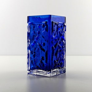 Smalandshyttan Cobalt Blue and Clear Cased Abstract Textured Vase, 1960's Swedish, Scandinavian Art Glass, Josef Schott image 1
