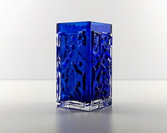 Smalandshyttan Cobalt Blue and Clear Cased Abstract Textured Vase, 1960's Swedish, Scandinavian Art Glass, Josef Schott