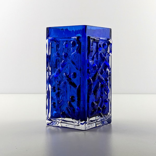 Smalandshyttan Cobalt Blue and Clear Cased Abstract Textured Vase, 1960's Swedish, Scandinavian Art Glass, Josef Schott