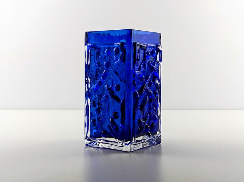 Smalandshyttan Cobalt Blue and Clear Cased Abstract Textured Vase, 1960's Swedish, Scandinavian Art Glass, Josef Schott image 1