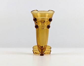 Stolzle / Hermanova Hut Amber Glass Footed Vase, Small Rocket Vase, 1930's Art Deco Czech Pressed Glass