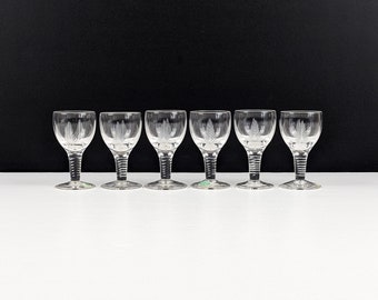 Set of 6 Stuart Crystal Woodchester Liquor Drinking Glasses, Fern Leaf Decor, 1950s, Signed, English Drinkware