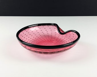 Vintage Signed Murano Archimede Seguso Pink and Black Bullicante Glass Bowl, Mid Century Italian Venetian Art Glass