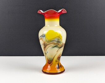 Vintage Dalian Snowflakes Vase, Red Orange Yellow Blue Swirls, Mid Century Chinese Art Glass