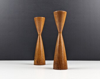 Pair of MCM Danish Teak Wood Candlesticks Mid Century Modern Scandi Design