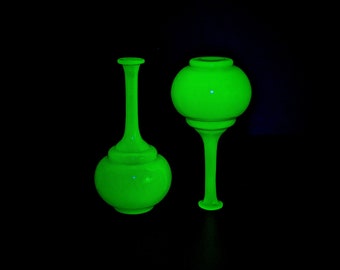 Pair of Jade Green Opaline Uranium Glass Bud Vases or Cologne / Perfume Bottle, Bohemian or French, UV Reactive Vaseline Glass