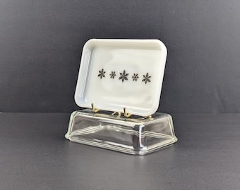 JAJ Pyrex Black on White Opal Gaiety Snowflake 2200 Butter Dish With Lid, 1950's HTF English Pyrex