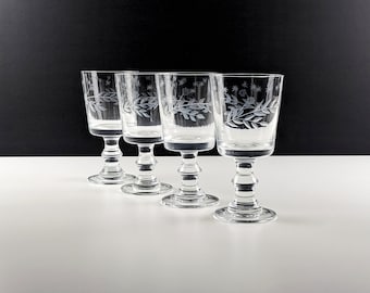 Set of Four Large Glass Rummers, Tavern Drinking Glasses, Clear With Engraved Floral Swags and Stars, 19th Century, Antique Glass Drinkware