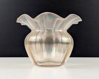 John Walsh Walsh Victorian Glass Posy Bowl, Vase, Clear, Iridescent Rainbow Effect, Ribbed, Antique English Glass