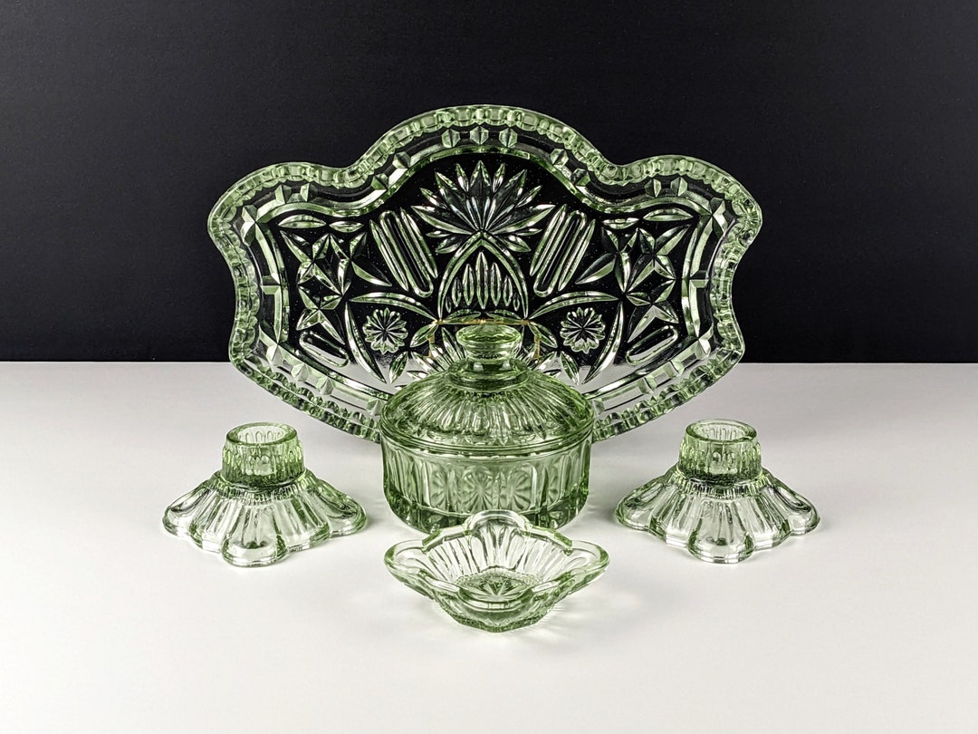 Crystalor Green Glass Vanity / Dresser Set Tray Trinket Pot Etsy