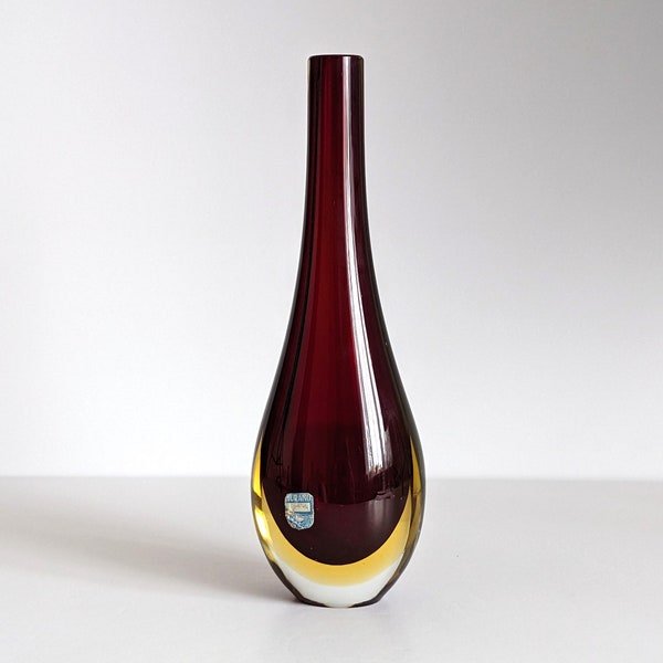 Labelled Vintage Murano Sommerso Bud Vase, Red Yellow & Clear, Mid Century Italian Venetian Art Glass