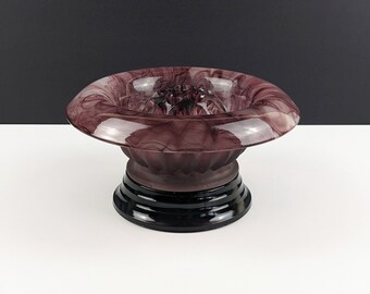 Complete Davidson Art Deco Purple Cloud Glass Bowl With Frog and Plinth, 1930s Art Deco English Pressed Glass