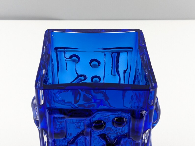 Smalandshyttan Cobalt Blue and Clear Cased Abstract Textured Vase, 1960's Swedish, Scandinavian Art Glass, Josef Schott image 4