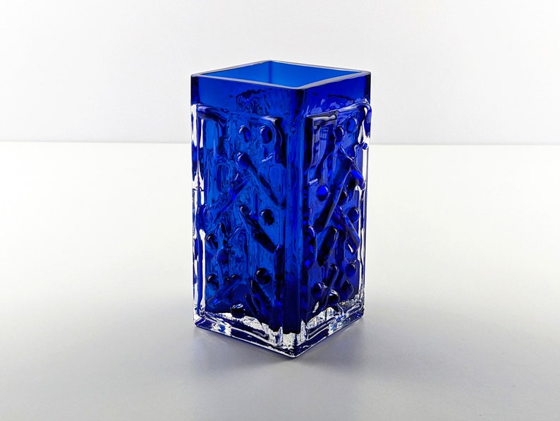 Smalandshyttan Cobalt Blue and Clear Cased Abstract Textured Vase, 1960's Swedish, Scandinavian Art Glass, Josef Schott image 3