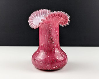Victorian Glass Vase, Cased Pink and White With Silver Spangles, Crimped Rim, Antique Glass