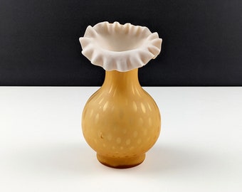 Victorian Glass Vase, Honey Amber Gold Satin, Air Trap Bubbles, Crimped Rim, Antique Glass