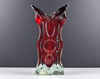 Karlovarske Sklo Chunky Brutalist Triangular Red & Clear Glass Vase, Mstisov Moser, Mid Century Czech Art Glass