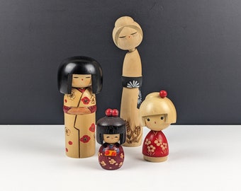 Set of 4 Vintage Kokeshi, Japanese Wooden Dolls, Including Suigai Sato 'June', Usaboro Okamoto, Masae Fujikawa 'Osanpo'