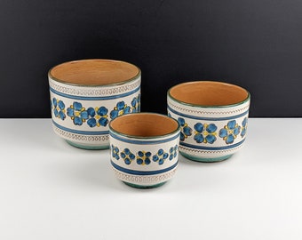 Trio of Vintage Italian Ceramic Plant Pots, Blue White Yellow Floral Pattern, Pottery, Mixed Sizes, Home Decor