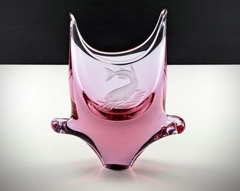 Zelezny Brod Sklo (ZBS) Freeform Vase, Pink Purple, Etched Fish, 1950's Czech Art Glass, Miroslav Klinger, Josef Cvrcek