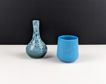 Pair of Lancastrian Pottery Vases, Blue Speckled Dripware Bud Vase & Blue Geometric Design, Vintage British Art Pottery