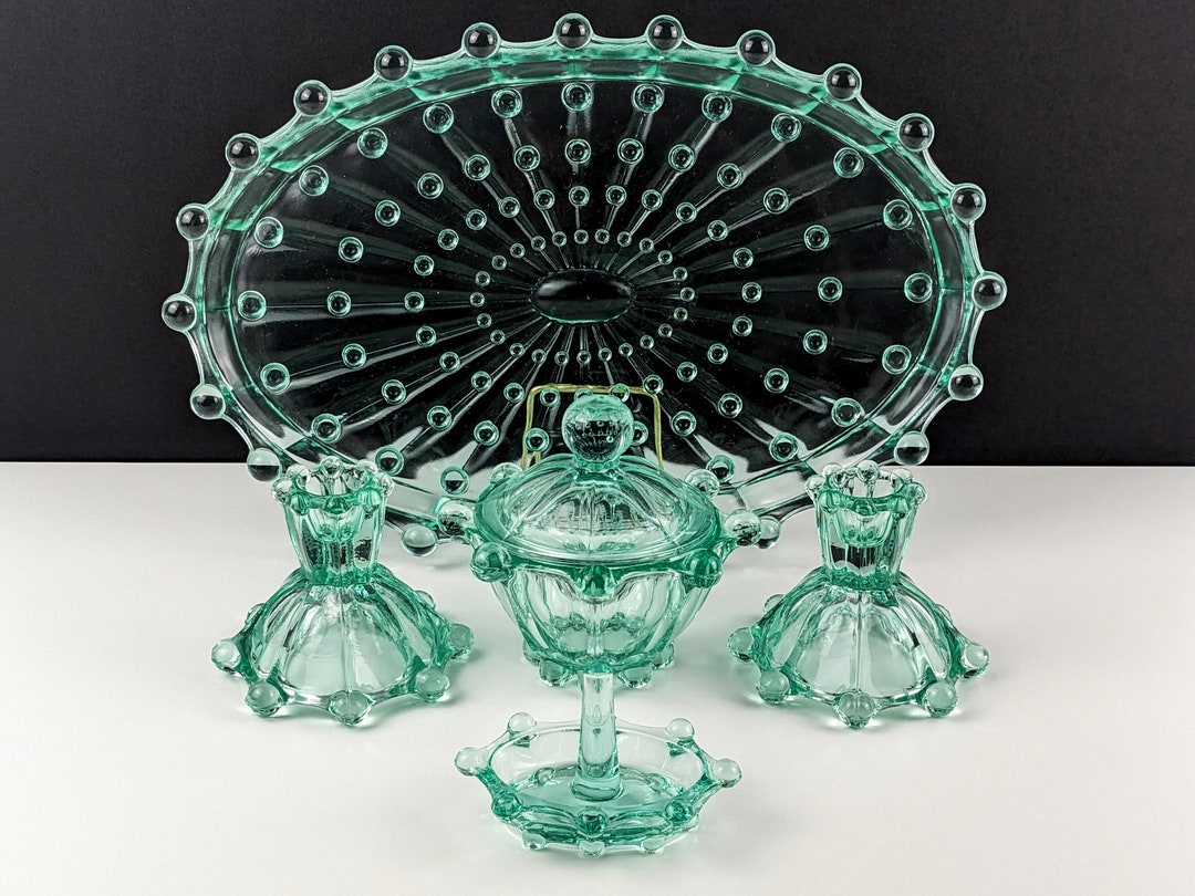 Libochovice 30243024 Sea Green Glass Vanity / Dresser Set, Tray, Pair