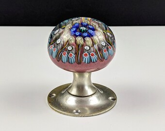 Perthshire Millefiori Spoke Cane Paperweight Door Knob, Pink Blue Yellow Green, Vintage 1960's Scottish Art Glass