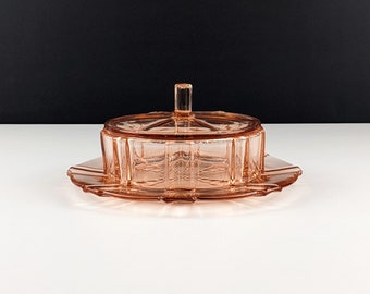 Stolzle / Hermanova Hut Pink Glass Butter Dish With Lid, 1930's Art Deco Czech Tableware