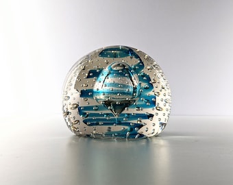 Vintage Whitefriars Blue and Clear Controlled Bubble Glass Doorstop or Oversized Paperweight, 1960's English Art Glass