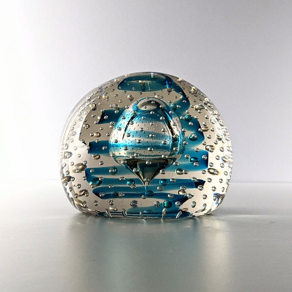 Vintage Whitefriars Blue and Clear Controlled Bubble Glass Doorstop or Oversized Paperweight, 1960's English Art Glass