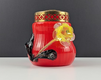 Bohemian Red Tango Glass Ribbed Flower Posy With Applied Yellow Flower and Black Leaves, Metal Grill, 1920's Art Deco