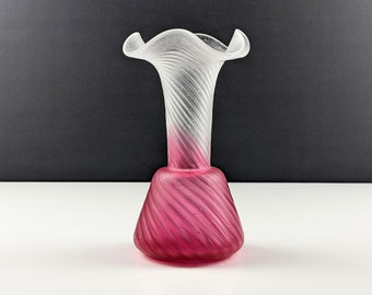 Victorian Clear and Cranberry Pink Satin Glass Vase, Ribbed Swirl, Possibly Kralik, Early 20th Century Bohemian