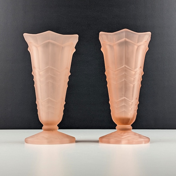 Pair of Sowerby 2592 Rosalin Pink Frosted Glass Footed Vases, 1930's Art Deco English Pressed Glass