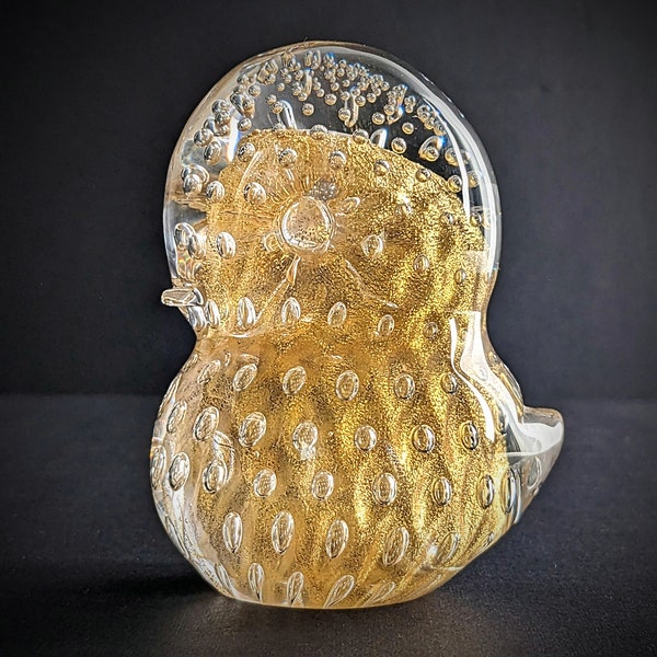 FM Konstglas Ronneby 'Pippi' Birdie Gold Leaf, Clear Bullicante Glass Bird Sculpture Paperweight, Swedish, Josef Marcolin