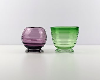 Pair of Stevens & Williams Glass Flower Posy Bowls, Vases, Purple and Green, Ribbed Optic, 1930's English Art Deco