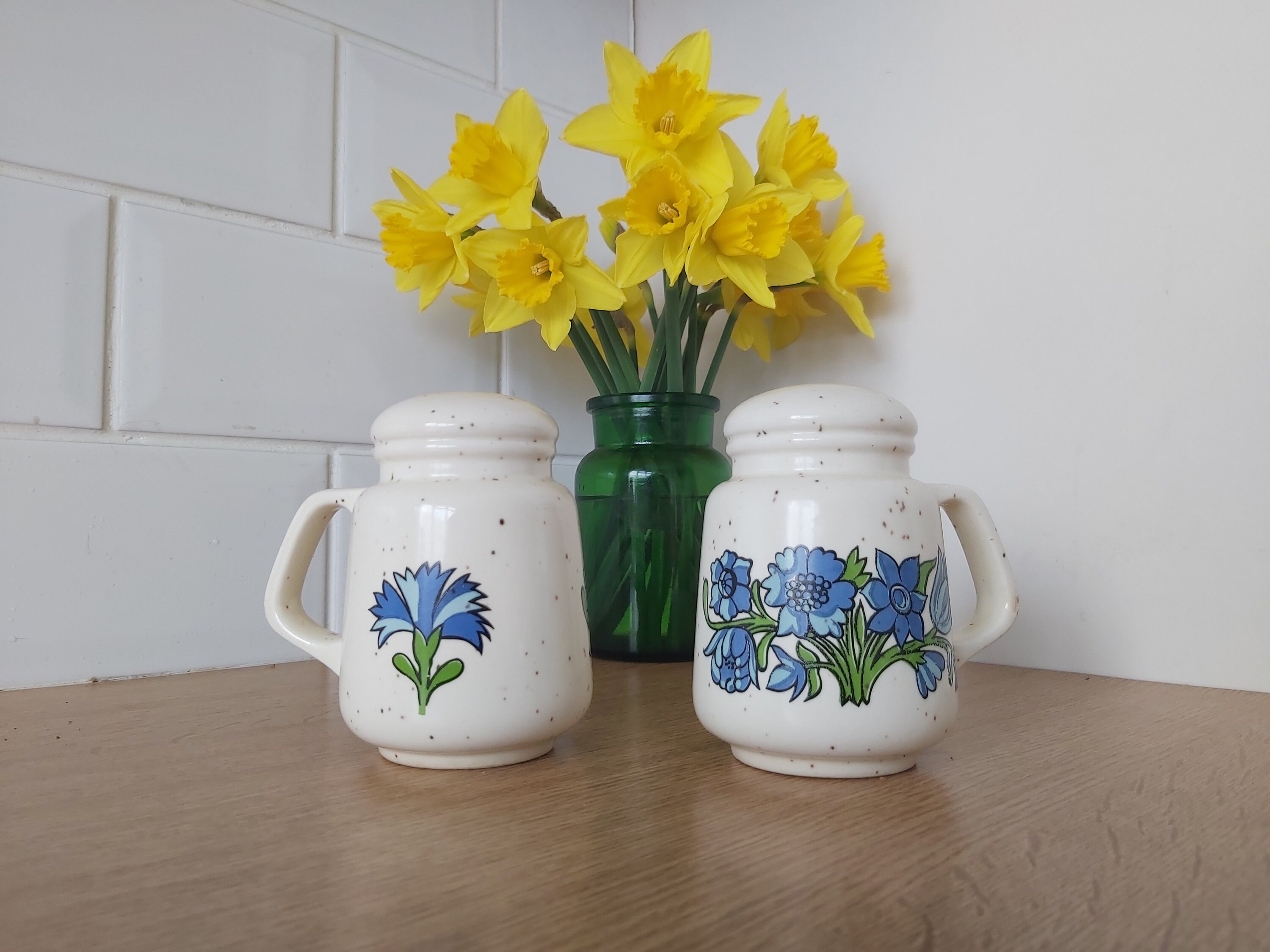 Vintage Jumbo Salt and Pepper shakers ceramic with blue Etsy