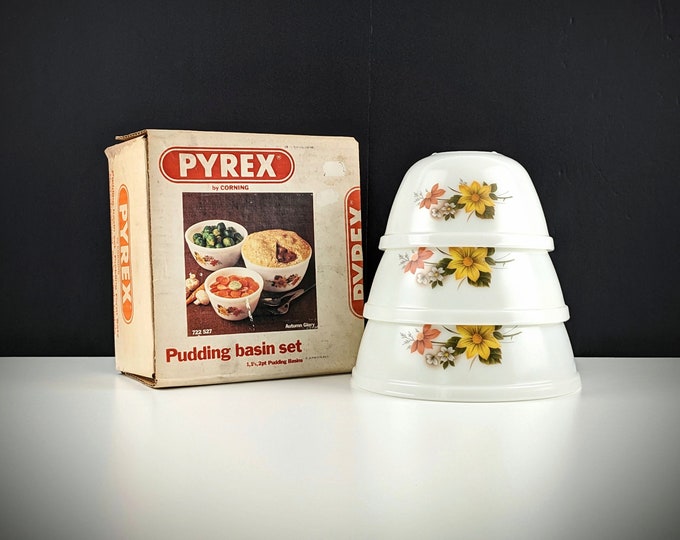 JAJ Pyrex Autumn Glory Dahlia Complete Nesting Mixing Bowl Set 701 702 703, 1960's English JAJ