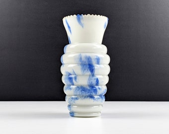 Ernst Steinwald & Co Blue and White Spatter Glass Vase, Horizontal Ribbed Body and Wavy Rim, 1930's Czech, Art Deco Bohemian