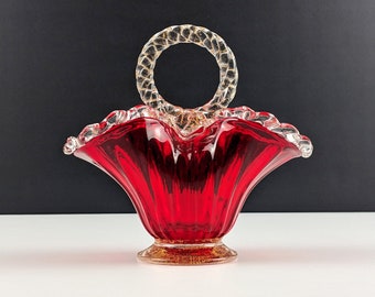 Vintage Murano Red and Clear With Gold Leaf Glass Basket, Mid Century Italian Venetian Art Glass