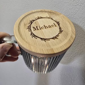 Beautiful Ribbed Glass Mug with Laser Engraved Bamboo Lid