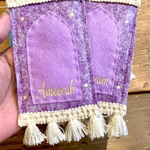 Personalized Prayermat Ornament: Islamic Kids Decor, Ramadan Mubarak mini payer mats lilac