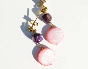 crystal earrings - handmade earrings - mother of pearl beads - pink shell earrings - crystal earrings  - crystal energy - gift for her