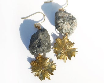 pyrite earrings - raw stone earrings - gold stone earrings - sunburst earrings - gemstone earrings - crystal earrings -  gift idea for her