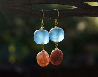 pink gemstone earrings - blue glass beads - blue frosted beads - glass bead earrings - pink stones - pink crystal earrings - gift idea