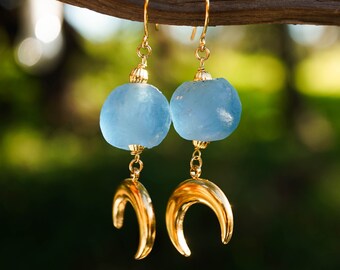 gold moon earrings - blue glass beads - blue frosted beads - glass bead earrings - half moon earrings - gold pearl earrings - gift idea