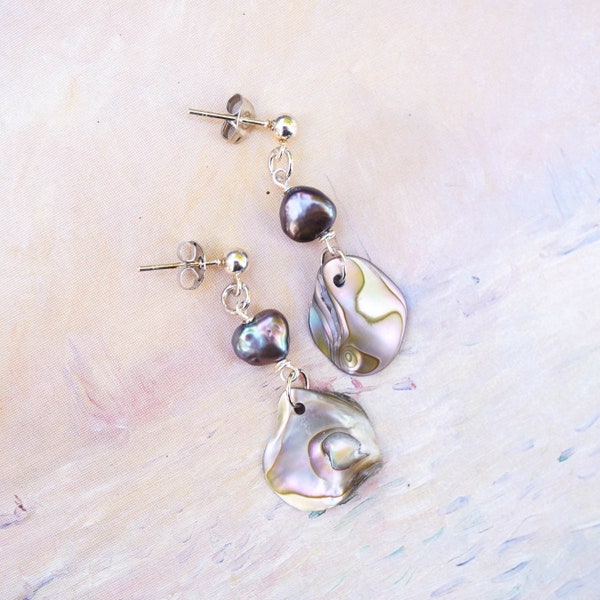 abalone shell earrings - mismatched earrings - handmade seashell earrings - beach stone earrings - natural earrings - statement jewelry